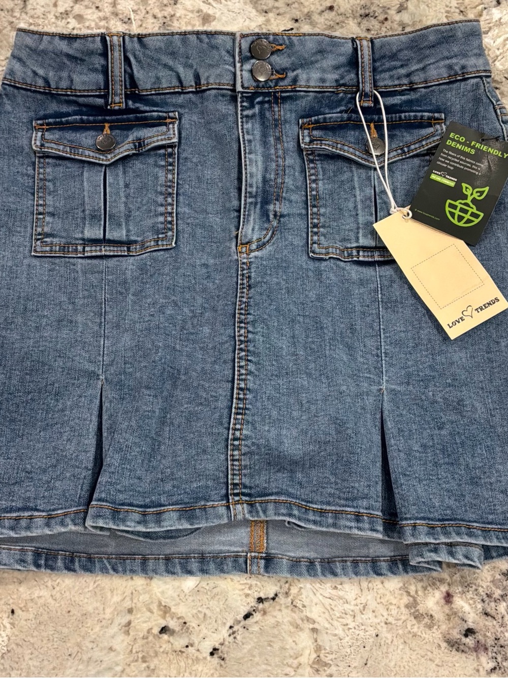 Eco-Friendly Medium Blue Denim Mini Skort with Front Flap Pockets